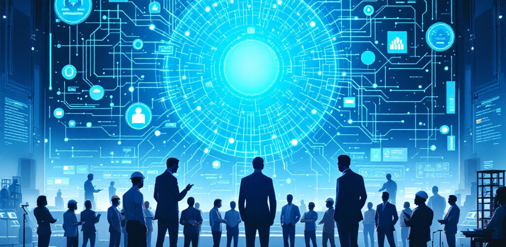 Profesionales observando una red global de tecnología y datos interconectados