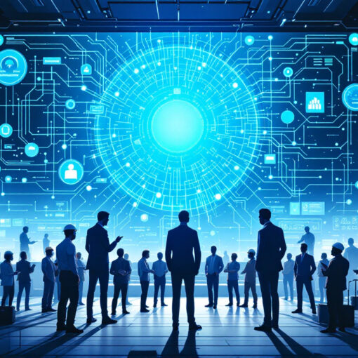 Profesionales observando una red global de tecnología y datos interconectados